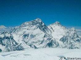 Uitzicht van Cho Oyu naar Everest, Lhotse en Kangchenjunga